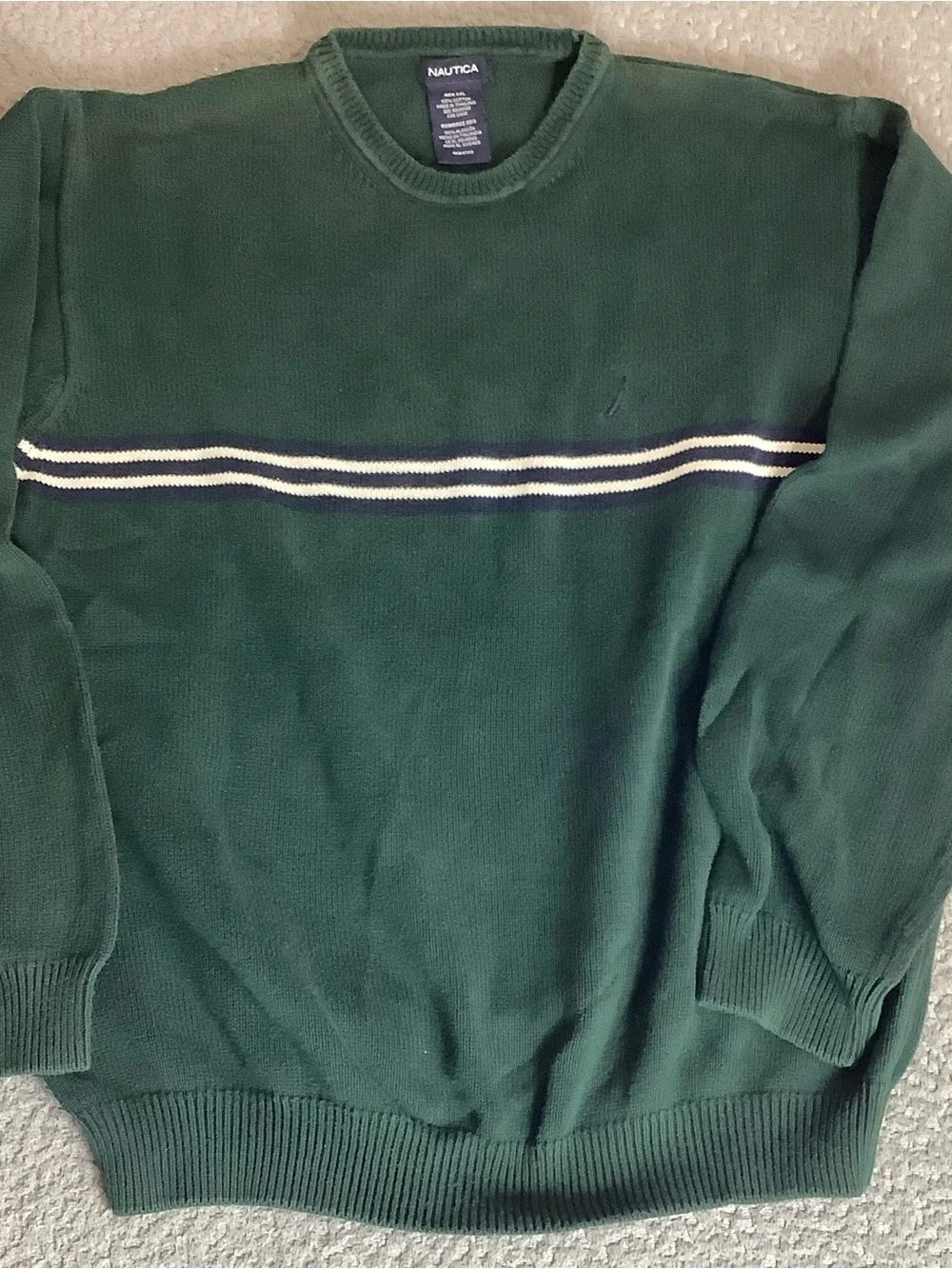 Nautica Forest Green Crewneck Sweater with Navy and White Stripes